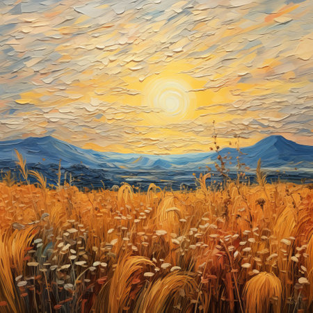 a wheat field stretches across the valley under a gentle dusk sky with a faint, colorful glow on the clouds. the scene exudes a touch of impressionism reminiscent of claude monet's style, featuring brush strokes that create a fuzzy, dreamy effect. this painting captures the essence of a serene and tranquil countryside landscape. ai generatedの素材