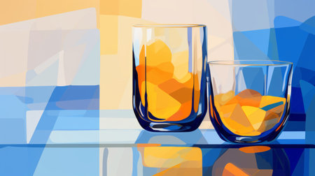 glass art inspired by van gogh and matisse, showcasing mustard and deep blue pastel tones, geometric shapes, and muted hues. this high-quality, minimalistic illustration, available in 16k resolution with hdr, captures the essence of the artists' styles. ai generatedの素材