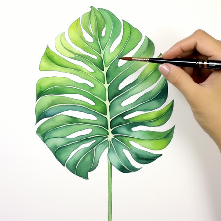 monstera plant and cypress branches painted in watercolor style on a white backdrop, in high-quality 4k resolution, featuring a whimsical cartoon design. the artwork brings together lush green foliage and delicate branches in a vibrant and detailed composition, perfect for botanical art enthusiasts. ai generatedの素材