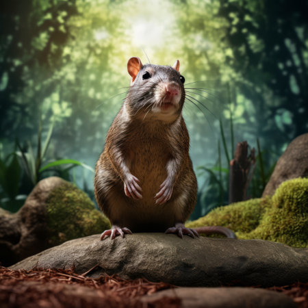 agouti in a dynamic pose captured in a hyper-realistic ground-level view. the detailed image showcases high definition, contrast, and depth of field. the wide-angle shot beautifully frames the full body of the agouti, creating an ultra-sharp and captivating visual experience. ai generatedの素材