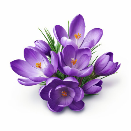 crocus flower image showcasing exquisite realism and intricate detailing, set against a clean white backdrop. purple crocus with stunning lifelike features and vibrant colors, perfect for floral enthusiasts and nature admirers. perfect for botany enthusiasts and flower lovers. ai generatedの素材