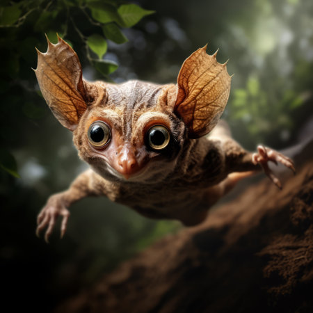 the colugo is captured in a dynamic ground-level pose, appearing ultra-sharp and hyper-realistic. this wide-angle shot displays high detail, contrast, and depth of field, emphasizing the full body of the subject. ai generatedの素材
