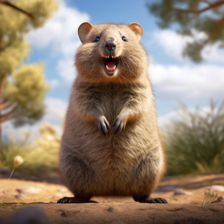 a quokka in a dynamic pose is depicted in a ground-level, ultra-sharp, hyper-realistic image with high detail, definition, contrast, and depth of field. the wide-angle shot captures the full body of the subject, emphasizing its adorable features and vibrant environment. ai generatedの素材