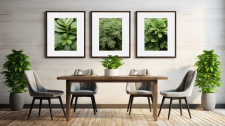 the dining chairs mockup in a loft apartment features an empty picture frame on the wall, surrounded by abundant green plants. this stylish setting exudes a modern and cozy atmosphere, perfect for urban living spaces. the blend of furniture, decor, and greenery creates a harmonious and inviting ambiance. ai generatedの素材