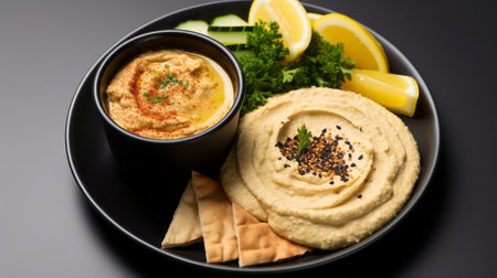 hummus plate meal with fries and soda served in a dark grey bowl, set against a clean white background. this visually appealing image captures the balance of textures and flavors in a delicious plate of hummus, crispy fries, and a refreshing soda, making it an enticing option for a satisfying meal. ai generatedの素材