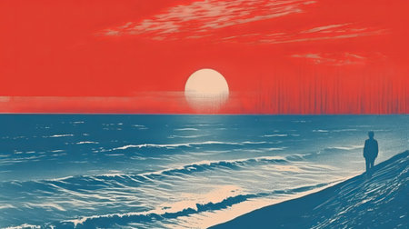 a serene beach scene featuring maroon and sky blue colors, captured in a stylish soviet poster style with abstract simplicity. this blockprint and risograph image showcases the essence of summer by the sea, evoking a sense of calm and tranquility. ai generatedの素材