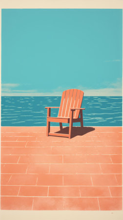 this photo captures a serene summer day by the sea, featuring a soothing color palette of beige and sky blue. the blockprint and risograph techniques used create a unique soviet poster style, enhancing the abstract simplicity of the scene. ai generatedの素材