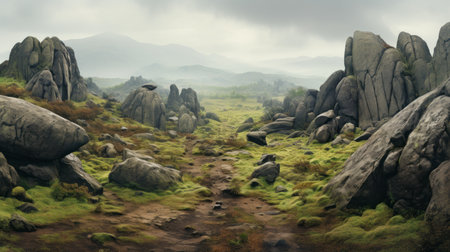 rocky terrain dominates the breathtaking mountain wilderness, resembling a stunning matte painting. this traditional british landscape exudes pastoral charm, with hints of mystical creatures and landscapes. the rich, painterly surfaces of this national geographic photo capture the essence of the scene, enhanced by the use of vray technology. ai generatedの素材