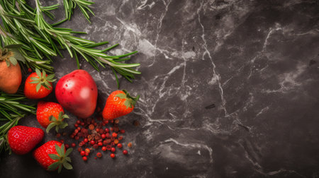 a vibrant and bold image featuring a table adorned with fresh strawberries and rosemary stems. the dark gray and red marble background adds a touch of elegance to the composition. this high-resolution uhd photo showcases the exacting precision and vibrant color usage, making it a perfect fit for sanriocore enthusiasts. ai generatedの素材