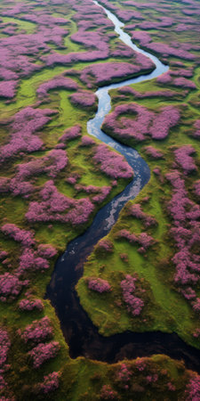 aerial photo of river water resembling cherry blossoms in the style of scottish landscapes. captured with the zeiss batis 18mm f2.8 lens, the image showcases a dark emerald and pink color palette. the dutch landscape, flower, and nature motifs are evident, creating a dramatic and vibrant composition. ai generatedの素材
