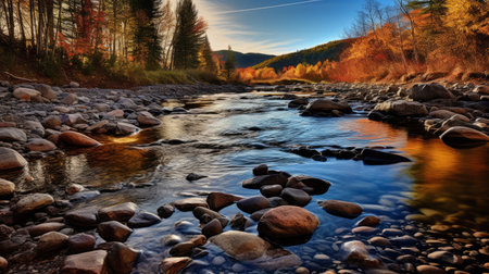 autumn leaves and rocks adorn the serene shore of a stream, capturing the essence of richly colored skies. this captivating photograph showcases the beauty of nature while subtly promoting environmental activism. with its hdr technique, the image brings out the dark orange and light gold hues, creating a visually striking composition. the smooth lines and expansive landscapes add depth to this documentary travel photography. aiの素材