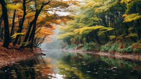 autumn river forest captured in a moody and atmospheric photograph. the image showcases the vibrant autumn foliage with a rim of misty atmosphere. taken in the style of carl zeiss distagon t 15mm f/2.8 ze lens, this photography incorporates traditional japanese artistic techniques. the calm waters reflect the beautiful shades of yellow and green, creating a serene and captivating scene. ai generatedの素材