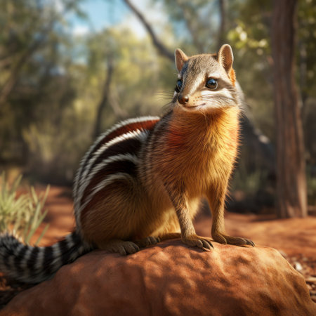 numbat in dynamic pose captured in ultra-sharp, hyper-realistic detail. ground-level view with high contrast and depth of field. wide-angle shot showcases full body in exquisite definition. perfect for wildlife enthusiasts seeking lifelike portrayal of numbat. ai generatedの素材