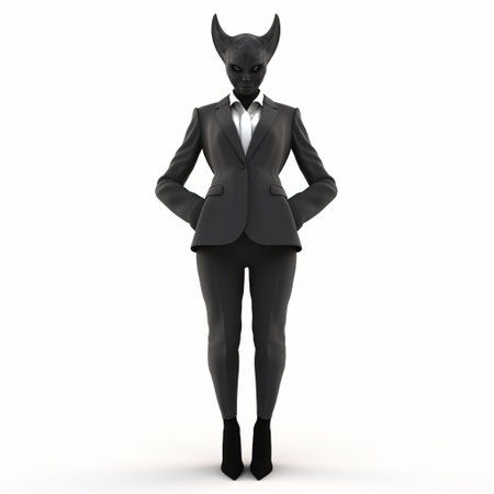 a 3d female demon in a suit stands isolated against a white background. the detailed rendering showcases the demon's full body, creating a striking and unique visual. this intriguing character combines elements of darkness and sophistication, making for a captivating image perfect for various design projects. ai generatedの素材