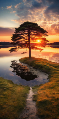 the bay reveals a stunning sunset casting a warm glow over a lush mound, towering trees, and tranquil waters. this traditional british landscape, captured in 32k uhd, exudes a tranquil and serene beauty reminiscent of national geographic's finest work. the symmetrical arrangements and timeless appeal transport viewers back to the period of 1000-1400 ce. ai generatedの素材