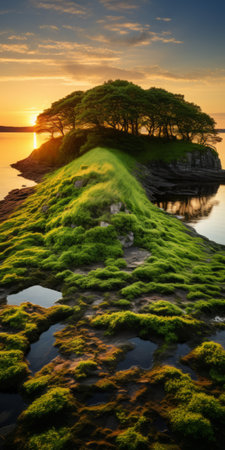 headland landscape with a sunset backdrop, encompassing a tranquil setting of trees, water, and a lush mound, reminiscent of classic british scenery. this serene image, captured in ultra-high definition, draws inspiration from national geographic's aesthetic, embodying symmetrical elements from the historical period between 1000-1400 ce. ai generatedの素材