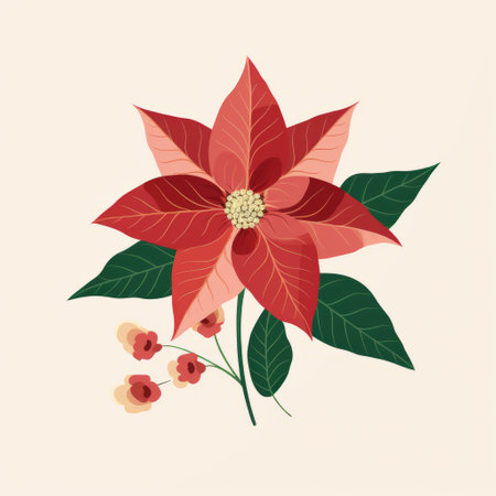 poinsettia flower in minimalist style, showcasing a vibrant red rose against a clean white backdrop. this elegant image captures the beauty of the flower with a simple and modern aesthetic, perfect for design projects, holiday decorations, or nature-themed visuals. ai generatedの素材