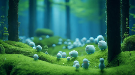 a clun forest model coated in smooth rubber material, resembling studio ghibli style. the photo features a tilt-shift effect, ambient occlusion, and a bright baby cyan backdrop. ai generatedの素材