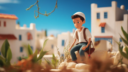 a tunis figurine crafted with smooth rubber material in a studio ghibli style. the tilt-shift photography effect adds a unique perspective to the image. ambient occlusion enhances the details, set against a bright baby cyan background. ai generatedの素材