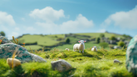 dorset down sheep on smooth rubber material, studio ghibli-inspired style. tilt-shift photography effect enhances the scene, ambient occlusion adds depth. vibrant baby cyan background complements the whimsical atmosphere. ai generatedの素材