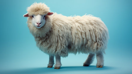 a leicester longwool sheep is depicted in a studio ghibli-inspired illustration, featuring a smooth rubber texture. the image is enhanced with tilt-shift photography effects, ambient occlusion, and set against a vibrant baby cyan backdrop. ai generatedの素材