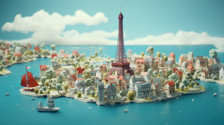the ile de france scene features a smooth rubber material, reminiscent of studio ghibli's aesthetic. tilt-shift photography creates a miniature effect, while ambient occlusion adds depth. against a bright baby cyan background, the composition captures a whimsical and dreamy atmosphere. ai generatedの素材