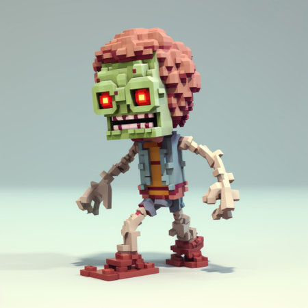 a 3d 8-bit pixel cartoon zombie is depicted in full body, wearing a track suit. the character stands out against a white background, showcasing its retro charm. this fun and quirky design brings a nostalgic feel to digital art, blending classic pixel graphics with a modern 3d twist. ai generatedの素材