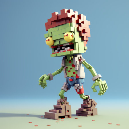 zombie cartoon character in 3d 8-bit pixel design, suitable for ultramarathon theme. the zombie is depicted in full body, set against a clean white background. this unique illustration combines retro gaming aesthetics with a spooky twist, perfect for a variety of creative projects or designs related to ultramarathons. ai generatedの素材