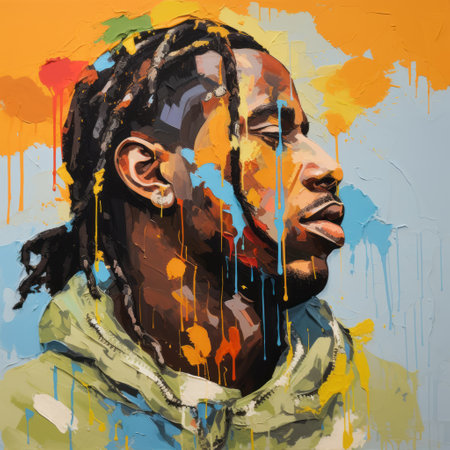 contemporary painting in rustic canvas featuring empasto technique, oil paint applied with a palette knife creating thick strokes. the piece is done in a minimalist style by artist travis scott. the visible thick brushstrokes, gorgeous colors, and retro cool vibe make this artwork truly unique. ai generatedの素材