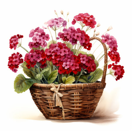 maroon verbena bouquet in a basket on a white background. watercolor painting showcasing high detail with hdr effects, self-shadowing, and intricate hand-painted elements. unique and captivating artistic portrayal. ai generatedの素材