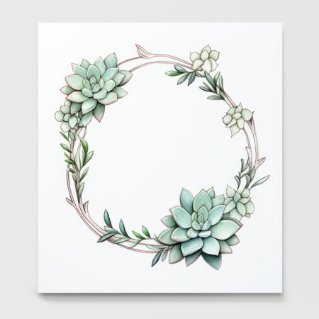 succulent wreath in neoclassicism watercolor line art style. the minimalist design features soft green hues on a white backdrop, creating a serene and elegant composition. a delicate and intricate portrayal of succulents brings a touch of nature into a modern setting. ai generatedの素材