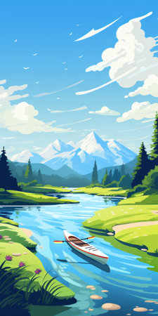 a tranquil tundra river scene captured in a flat vector cartoon art style. the illustration features a kayak adventures theme with a clear blue sky and fluffy clouds. the color palette includes tropical shades like kelly green, ivory, and electric blue, creating a bold and vivid depiction. influenced by the artistic style of roman muradov. ai generatedの素材