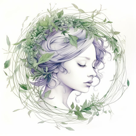 lavender wreath watercolor line art with an art nouveau touch, in soft green hues. the minimalist design stands out against a clean white backdrop. perfect for adding a touch of elegance to any decor. ai generatedの素材