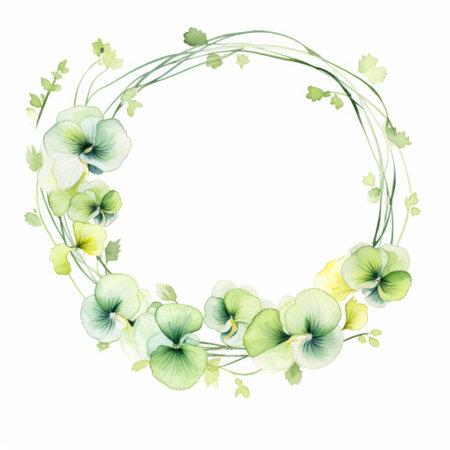 pansy wreath in soft green watercolor line art style on a minimalist white backdrop. delicate and elegant floral design perfect for adding a touch of nature to any space. beautifully captures the essence of simplicity and sophistication with a modern twist. ideal decor for a contemporary and serene atmosphere. ai generatedの素材