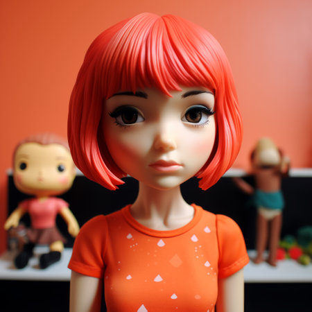 sarah's new shorter hairstyle complements the edgy vinyl toy in the style of frank kozik, renowned for his designs at kid robot and superplastic. ai generatedの素材