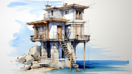 this sketch features a simple byzantine architecture luxury tiny home, complete with a small ocean and a balcony beside it. the design captures the essence of intricate byzantine details, while offering a serene backdrop of the ocean. the small balcony adds a charming touch to this elegant tiny home. ai generatedの素材