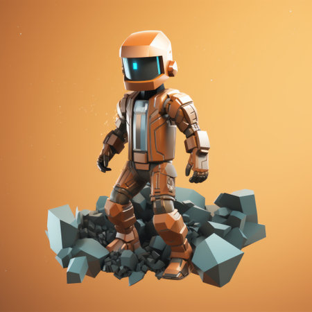 a software developer in qatar wears a special rust suit as seen in this 3d isometric cartoon art render. the futuristic material attached to the developer's closed suit with a helmet gives a clash of clans style. this unique design is simple with low poly and low details, perfect for a nature-themed documentary. ai generatedの素材