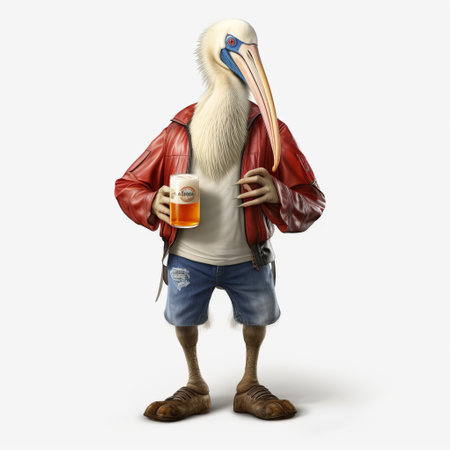 this 3d image features a detailed pelican model showcasing high-quality fashion elements. the sleek design of the pelican is enhanced by the english pale ale inspiration, creating a unique and eye-catching composition. the full-body shot on a crisp white background adds to the modern and clean aesthetic of the scene. ai generatedの素材