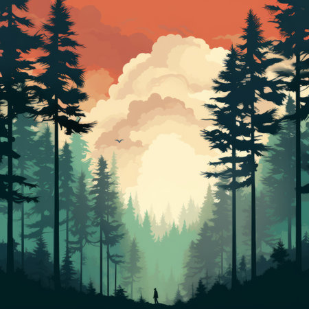tall tree silhouette line illustration of a forest scene with a subtle color palette. forest silhouette drawing of tall trees in the forefront with a minimalist design. black forest trees outlined against a soft color scheme in a serene illustration. delicate forest line art drawing with tall trees as the focal point. ai generatedの素材
