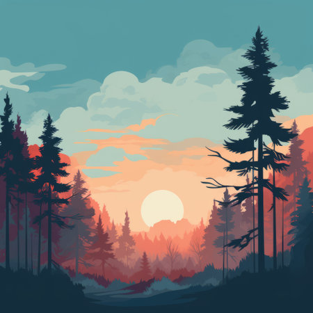 the line illustration depicts a serene and simple landscape, featuring tall trees in the foreground in black silhouette against a soft and subtle color palette. ai generatedの素材