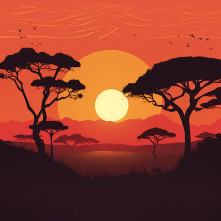 a line illustration of a serene savanna scene, featuring a striking silhouette of tall trees in the foreground. the color palette is subtle and enhances the tranquil ambiance of the savanna setting. this artwork captures the essence of the savanna with its minimalistic and elegant design. ai generatedの素材
