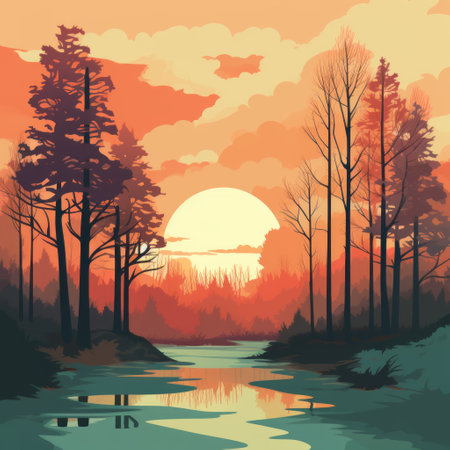 the line illustration showcases a serene plain scene, featuring a striking silhouette of tall trees dominating the foreground. the color palette is kept subtle yet impactful, accentuating the beauty of the simple yet captivating landscape. ai generatedの素材