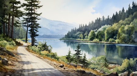 crescent lake sits peacefully with a road cutting through the middle, devoid of any human presence. the stunning watercolors of the lake and surrounding landscape create a tranquil and picturesque scene, inviting viewers to immerse themselves in the natural beauty of this serene setting. ai generatedの素材