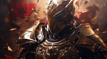 the character design of a warrior with intricate armor, epic details, featured on unsplash, stands out against a chaotic background. this p in armor showcases impressive detailing and a captivating scene, perfect for fantasy enthusiasts. ai generatedの素材