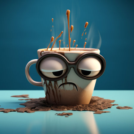 the broken coffee cup, with oversized eyes and glasses, stands out against a vibrant blue background. this quirky and unique photo captures the charm of imperfection and creativity. the playful combination of elements adds a whimsical touch to the image, making it a visually engaging and memorable composition. ai generatedの素材
