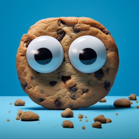 the broken cookie with exaggeratedly large eyes and spectacles sits against a vibrant blue backdrop. the whimsical cookie character, with its comically oversized glasses, adds a quirky touch to the image, creating a playful and humorous vibe. ai generatedの素材