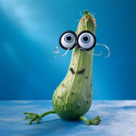 broken zucchini with huge eyes and spectacles against a vibrant blue backdrop. cute vegetable character with oversized eyewear. fun and quirky image of a zucchini with comically large eyes and glasses, adding a touch of whimsy to the scene. ai generatedの素材