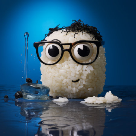 broken rice with oversized eyes and glasses sits against a vibrant blue backdrop. playful and whimsical, this rice character exudes personality and charm. the glasses add a touch of intellect, while the bold coloring draws the eye. perfect for use in digital design or advertising, this image is sure to capture attention and leave a lasting impression. keywords: broken rice, oversized eyes, glasses, blue background,の素材