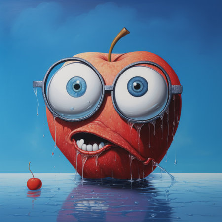this quirky photo features a broken apple with oversized eyes and glasses, set against a vibrant blue background. the surreal composition adds a playful touch to the traditional fruit, creating a visually striking image that intrigues and captivates. apple, eyes, glasses, blue background, surreal composition, playful, visually striking, fruit. ai generatedの素材