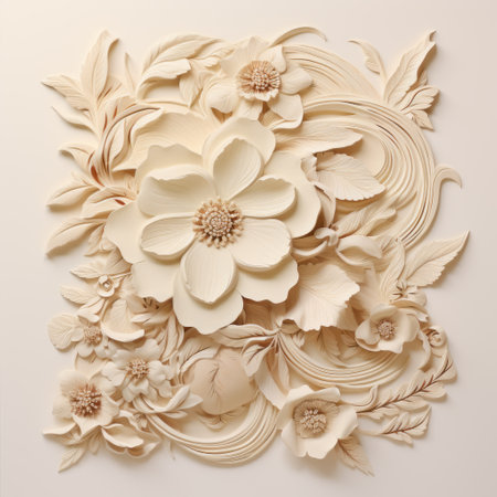 the ivory painting, set against an ivory background, showcases intricate home-based patterns and accurate topography. the piece features a multilayered design and expert use of fabric, embodying the style and elegance of home-centric art. ai generatedの素材